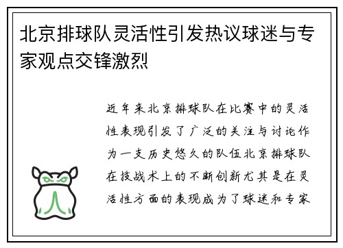 北京排球队灵活性引发热议球迷与专家观点交锋激烈