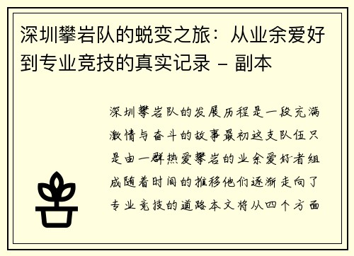 深圳攀岩队的蜕变之旅：从业余爱好到专业竞技的真实记录 - 副本
