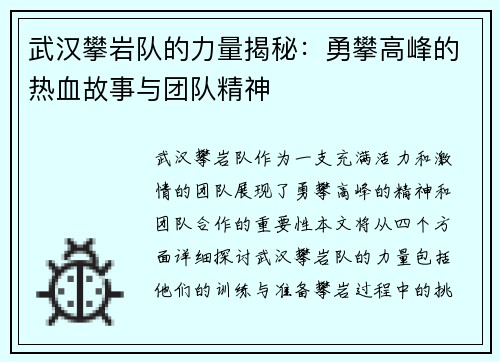 武汉攀岩队的力量揭秘：勇攀高峰的热血故事与团队精神